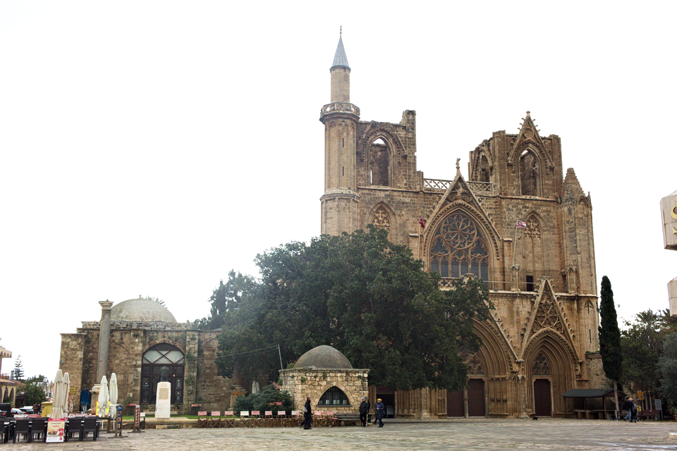 Famagusta, Lala Mustafa Paşa Camii, winter. When the Ottomans conquered the city, in 1571, they transformed Catholic churches into mosques, as symbols of the political power of the Lusignans and Venetians, but not the Orthodox churches frequented by the local population.