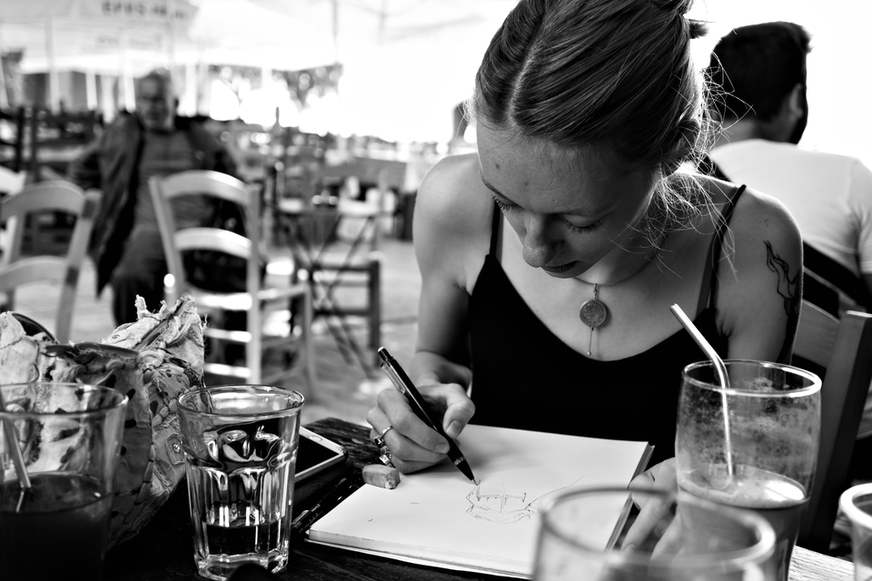 Sarah, painter, graphic designer, interior designer. The cafés are full of people drawing or painting